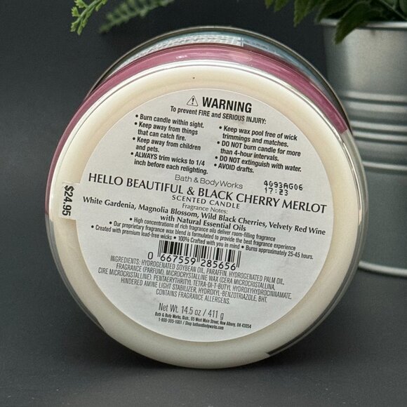 BBW Hello Beautiful + Black Cherry Merlot Bath & Body Works 3 Wick Candle - Picture 9 of 10